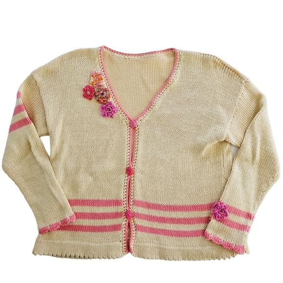 Vintage Crochet Knit Floral Stripe Pink Coquette Button Down Cardigan Sweater M - Picture 2 of 14